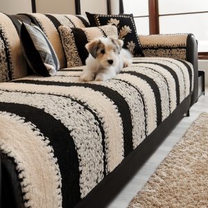 1pc Non-Slip Sofa Slipcover | Pet-Friendly Machine Washable Soft Fabric | Straight Striped Couch Cover for 2u002F3u002F4 Seater | Furniture Durable Protector with Elastic Straps | All-Season Home Decor | Christmas Winter Warm Sofa Cover Easy to Install Clean