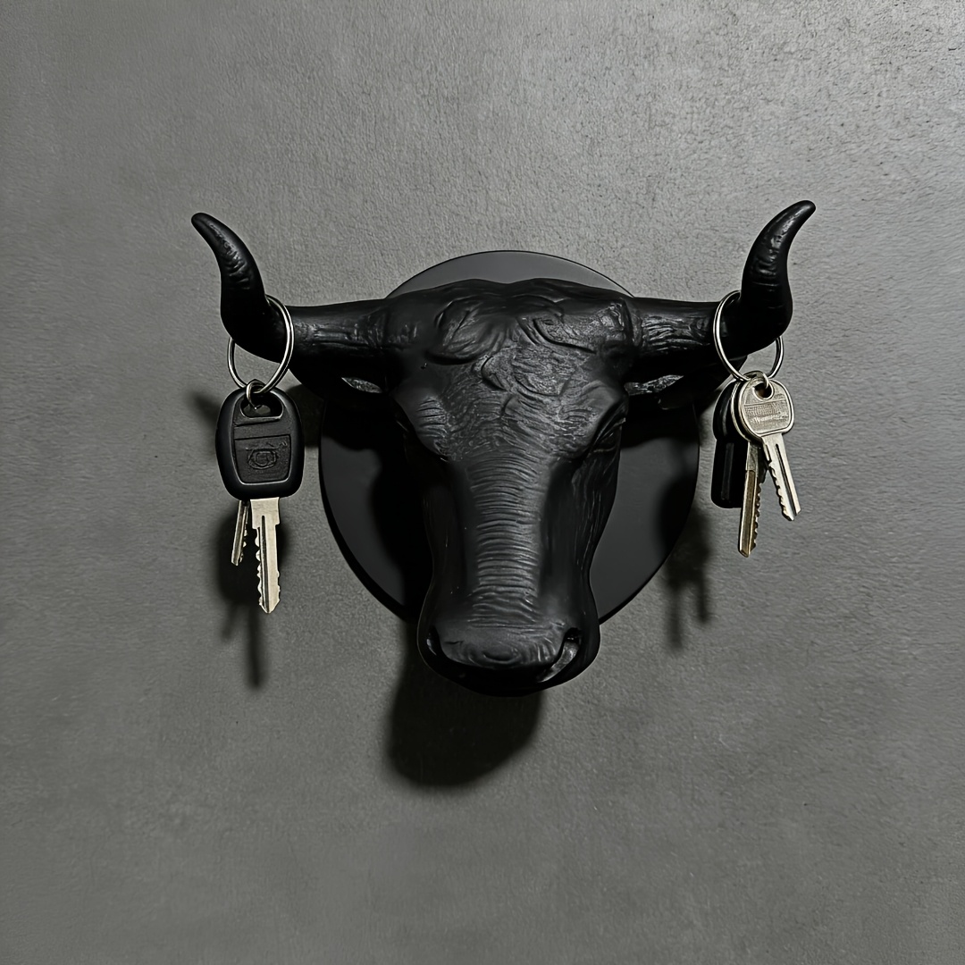 Bull Head Shaped Seamless Hook | Niche Premium Bull Head Key Hook ~ 3D Texture Super Sculptural, Horn Hook Securely Holds Keys And Small Items, Blacku002FWhiteu002FGrayu002FBrown Multi-Color Adapts to Various Home Decors, Entryway Decor And Key Organization