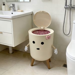 New Cute Expression Large Capacity Lidded Trash Can, Round Large Capacity, Suitable for Kitchen, Bedroom, Living Room, Office, Bathroom, Etc